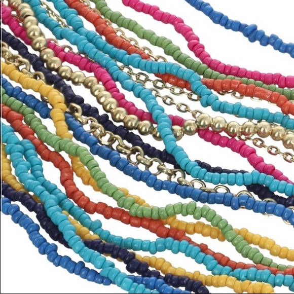 Multi Color Glass Seed & Multi Goldtone Chains Strand Boho Necklace 28" - Picture 11 of 12